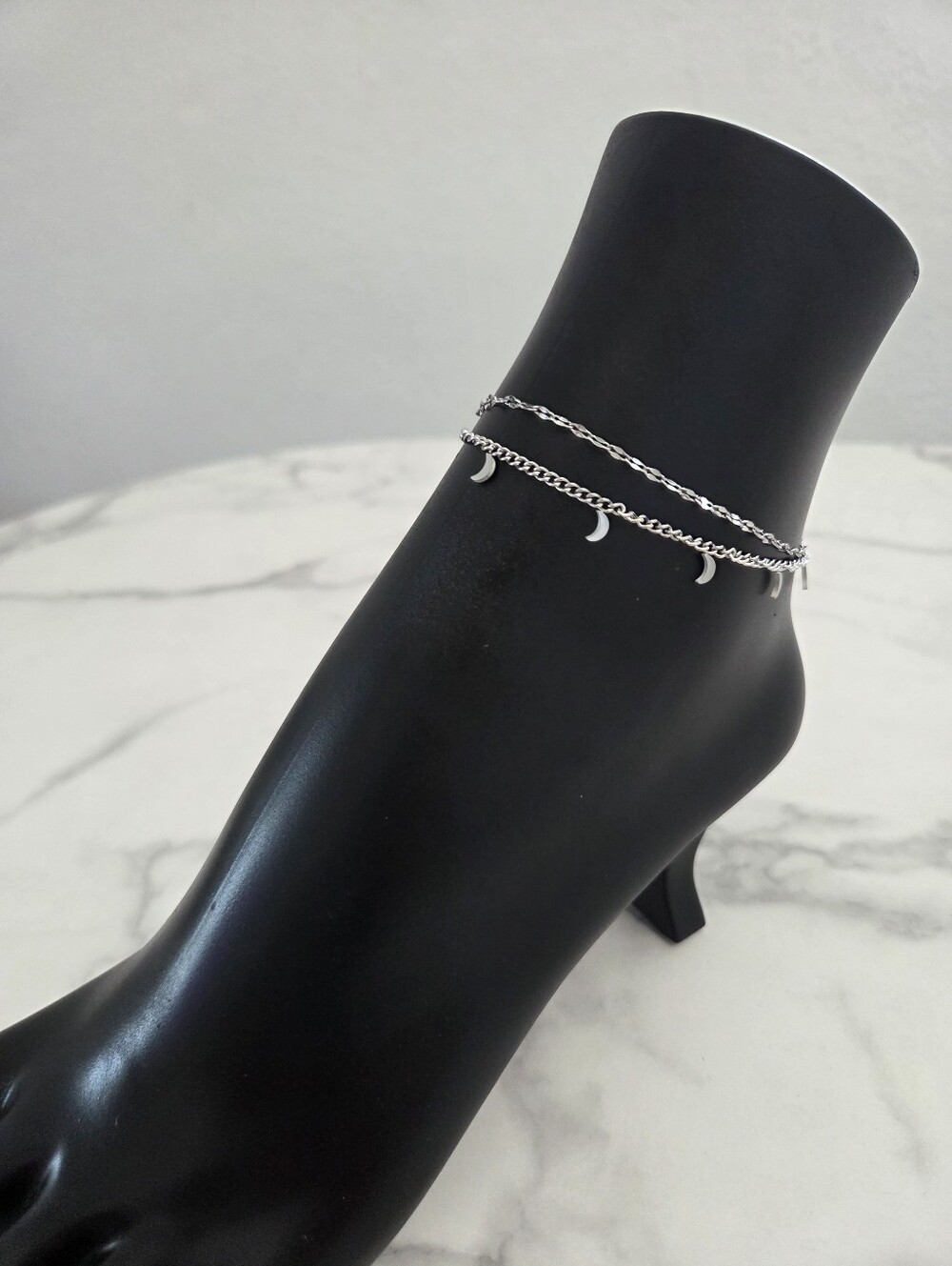 Silver Double Layer Crescent Moon Charm Anklet - Picture 7 of 12